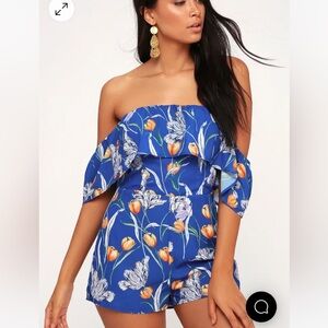 Waimea Royal Blue Floral Print Off-the-Shoulder Romper